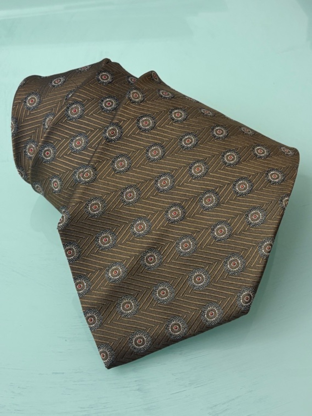 Ermenegildo Zegna Brown Silk Medallion Tie with Subtle Red Accents